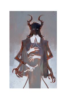 1boy abaddon_(haunted_hotel) absurdres black_eyes black_hair bone capelet claws cowboy_shot demon_boy demon_horns demon_tail extra_arms grey_capelet haunted_hotel highres holding holding_bone horns long_hair looking_at_viewer male_focus pointy_ears red_eyes solo ssaggy15 tail