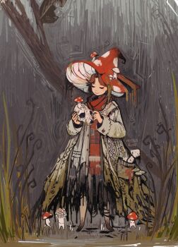 1girl artist_name barefoot brown_hair buttons cable_knit closed_eyes closed_mouth coat commission fly_agaric full_body grass hands_up hat highres holding holding_skull long_sleeves missusruin mushroom mushroom_hat open_clothes open_coat original parted_bangs patch patchwork_clothes pocket red_hat red_scarf scarf seams skull sleeve_cuffs smile solo standing sweater witch witch_hat