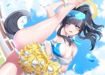 1girl animal_ears arm_behind_head arm_up armpits ass audience black_hair blue_archive blue_sky breasts cheerleader cloud cloudy_sky commentary_request confetti day dog_ears dog_girl dog_tail goggles goggles_on_head halo hibiki_(blue_archive) hibiki_(cheer_squad)_(blue_archive) highres holding holding_pom_poms long_hair looking_at_viewer millennium_cheerleader_outfit_(blue_archive) niu official_alternate_costume open_mouth outdoors panties pantyshot pom_pom_(cheerleading) pom_poms skirt sky solo split stadium standing standing_on_one_leg standing_split star_(symbol) star_sticker sticker sticker_on_face sweat sweatdrop tail thighs underwear white_panties yellow_halo