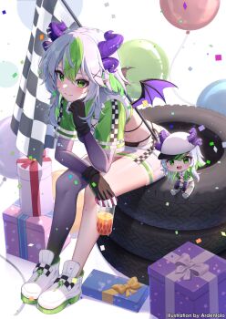 1girl apricot_the_lich apricot_the_lich_(race_queen) ardenlolo balloon bikini bikini_under_clothes birthday black_bikini character_doll demon_girl demon_horns demon_wings doll gift gloves gradient_thighhighs green_eyes green_hair happy_birthday highres horn_piercing horns multicolored_hair race_queen shrug_(clothing) single_thighhigh streaked_hair swimsuit thighhighs unused_tire virtual_youtuber vshojo white_shrug wings