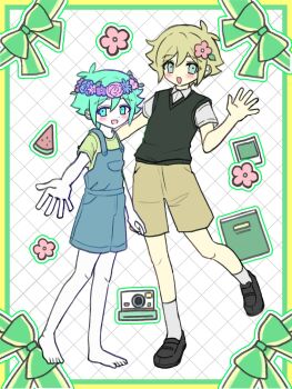 Rule 34 | 2boys, antenna hair, barefoot, basil (faraway) (omori), basil (headspace) (omori), basil (omori), black shoes, blonde hair, blue eyes, blue overalls, blush, brown shorts, collared shirt, colored skin, commentary, double-parted bangs, dual persona, flower, flower wreath, green eyes, green hair, green shirt, green sweater vest, hair between eyes, hair flower, hair ornament, head wreath, highres, looking at viewer, male focus, multiple boys, omori, open mouth, overall shorts, overalls, shirt, shoes, short hair, short sleeves, shorts, sidelocks, smile, socks, sweater vest, t-shirt, true erg, untranslatable commentary, white shirt, white skin, white socks