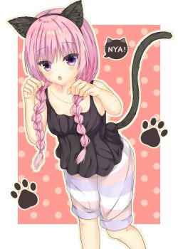 Rule 34 | 1girl, :o, animal ear fluff, animal ear hairband, animal ears, black camisole, black hairband, blush, border, braid, breasts, camisole, cat ear hairband, cat ears, cat tail, collarbone, commentary request, eyes visible through hair, fake animal ears, fake tail, feet out of frame, grey outline, hair between eyes, hairband, hands up, highres, kusaya01411, long hair, looking at viewer, low twin braids, mitsukasa ayase, official alternate costume, official alternate hairstyle, open mouth, outline, outside border, paw pose, paw print, pink background, pink hair, polka dot, polka dot background, purple eyes, riddle joker, shorts, simple background, small breasts, solo, speech bubble, standing, striped clothes, striped shorts, tail, tail raised, twin braids, white border