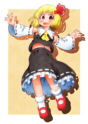 Rule 34 | 1girl, adapted costume, ascot, black skirt, blonde hair, blush, commentary request, cosplay, detached sleeves, fang, hair ribbon, hakurei reimu, hakurei reimu (cosplay), highres, looking at viewer, mary janes, matty (zuwzi), midriff peek, navel, open mouth, outstretched arms, red eyes, red footwear, ribbon, ribbon-trimmed sleeves, ribbon trim, rumia, shoes, skirt, skirt set, smile, socks, solo, spread arms, touhou, white socks, yellow ascot