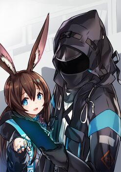 Rule 34 | 1girl, 1other, :d, amiya (arknights), animal ear fluff, animal ears, arknights, black gloves, black jacket, blue eyes, brown hair, doctor (arknights), eyebrows hidden by hair, gloves, hair between eyes, highres, holding, hood, hood down, hood up, hooded jacket, jacket, jewelry, kazana (sakuto), long sleeves, open mouth, rabbit ears, ring, shirt, smile, upper body, white shirt