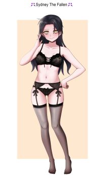 Rule 34 | 1girl, absurdres, black bra, black garter belt, black hair, black panties, blush, bow, bow panties, bra, character name, closed mouth, commentary, degrees of lewdity, garter belt, garter straps, hattorin, highres, mole, mole under eye, navel, panties, simple background, smile, solo, sydney (degrees of lewdity), sydney (female) (degrees of lewdity), underwear, yellow eyes