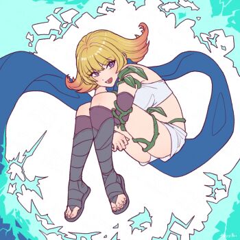 Rule 34 | 1girl, 72kuri, :d, arm vines, bare shoulders, blonde hair, blue scarf, commentary request, crop top, detached sleeves, electricity, full body, gradient hair, gradient scarf, highres, hugging own legs, kid icarus, kid icarus uprising, long scarf, midriff, multicolored hair, nintendo, open mouth, orange hair, phosphora, plant, purple eyes, sandals, scarf, short shorts, shorts, smile, solo, toenails, vines, white background, white shorts