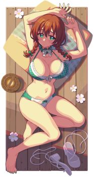 1girl armpits ballet_slippers bare_shoulders barefoot bikini body_freckles bow bow_choker braid breast_freckles breasts choker emma_verde fingernails flower freckles frilled_choker frills full_body green_bikini green_bow green_choker green_eyes green_nails large_breasts looking_at_viewer love_live! love_live!_nijigasaki_high_school_idol_club lying nail_polish navel on_back red_hair solo swimsuit thighs twin_braids twintails waste-man