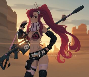 1girl animal anti-materiel_rifle belt bikini bikini_top_only boota_(ttgl) bracelet breasts dav-19 desert flame_print gloves gun hair_ornament hair_stick jewelry long_hair no_shirt pink_thighhighs ponytail red_hair rifle scarf skull_hair_ornament sniper_rifle solo striped_clothes striped_scarf studded_belt studded_bracelet sunset swimsuit tengen_toppa_gurren_lagann thighhighs underboob weapon yoko_littner