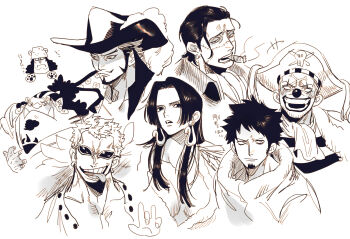 1girl 6+boys ascot bartholomew_kuma boa_hancock buggy_the_clown chanko_neru cigar closed_mouth commentary_request crocodile_(one_piece) donquixote_doflamingo dracule_mihawk earrings facial_hair goatee greyscale hair_slicked_back hat jewelry jinbe_(one_piece) long_hair looking_at_viewer makeup monochrome multiple_boys mustache one_piece pirate_hat ponytail scar scar_on_chest short_hair sideburns sidelocks snake_earrings stitched_face stitches sunglasses trafalgar_law upper_body