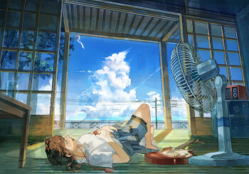 1girl barefoot brown_hair clothes_around_waist cloud electric_guitar empty_cup guitar highres holding holding_plectrum indoors instrument jacket jacket_around_waist jewelry lying music necklace original pk_(53863053) plectrum ponytail radio rotating_fan scenery short_ponytail singing summer table tree veranda