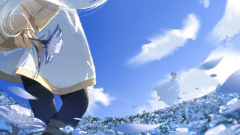 1boy 1girl absurdres arm_behind_back black_pantyhose blue_flower blue_hair blue_sky cape chinese_commentary cloud commentary_request day falling_petals field flower flower_field frieren highres himmel_(sousou_no_frieren) holding holding_flower long_hair outdoors pantyhose perspective petals skirt sky sousou_no_frieren standing suoires walking white_cape white_hair white_skirt