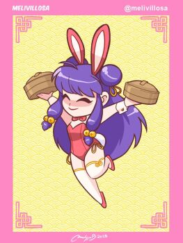 Rule 34 | 1girl, double bun, hair bun, long hair, playboy bunny, purple hair, rabbit ears, rabbit tail, ranma 1/2, shampoo (ranma 1/2), sidelocks