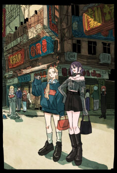 4boys 4girls angel_devil_(chainsaw_man) bag beam_(chainsaw_man) black_boots black_choker black_dress black_hair black_shoes black_skirt blonde_hair blue_sweater boots building chainsaw_man choker city commentary_request demon_girl demon_horns denji_(chainsaw_man) dress green_eyes grey_jacket grey_pants grey_shirt hair_between_eyes halo handbag hayakawa_aki higashiyama_kobeni highres horns jacket long_hair makima_(chainsaw_man) multiple_boys multiple_girls off_shoulder outdoors pants pochita_(chainsaw_man) power_(chainsaw_man) purple_hair red_horns reze_(chainsaw_man) shark_fin shirt shoes skirt sweater takeuchi_ryousuke violence_fiend_(chainsaw_man) white_wings wings yellow_eyes yellow_halo