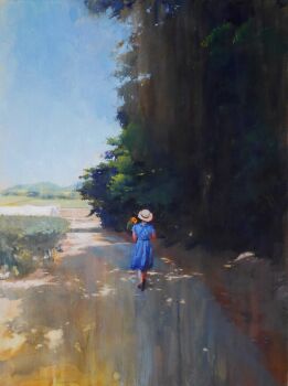 1girl blue_dress blue_sky bush day dress flower from_behind grass hat highres holding holding_flower kazuho_iwamoto mountainous_horizon no_humans original outdoors painting_(medium) path plant road rural scenery short_sleeves sky solo straw_hat sunflower traditional_media tree walking walking_away yellow_flower