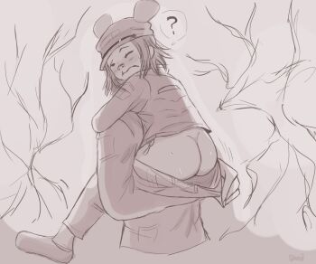 ? asian ass carried carrying carrying_over_shoulder carrying_person clothes_pull confused gorillaz hug loli looking_back looking_down looking_to_the_side noodle_(gorillaz) pants pants_pull pulling sketch speech_bubble