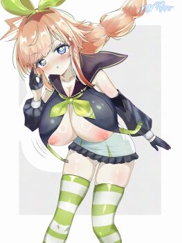 1girl absurdres alternate_breast_size_(larger) azur_lane black_gloves black_sailor_collar blue_eyes blush bow breasts cleavage closed_mouth commentary_request commission gloves green_bow green_neckerchief green_thighhighs hair_bow highres huge_breasts neckerchief nipples orange_hair parted_lips s0m3thin_gr33n sailor_collar signature skeb_commission skindentation solo sparkle star-shaped_pupils star_(symbol) striped_clothes striped_thighhighs symbol-shaped_pupils thighhighs wardrobe_malfunction white_thighhighs william_d._porter_(azur_lane) zettai_ryouiki