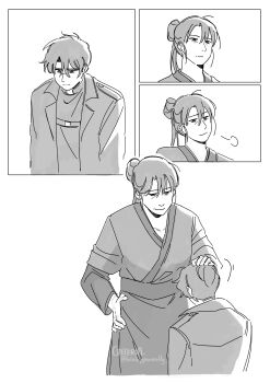 1boy 1girl absurdres breath coat criteria hair_bun hand_on_own_hip head_tilt headpat height_difference highres motion_lines namgung_minyoung omniscient_reader&#039;s_viewpoint open_clothes open_coat popped_collar robe smile teacher_and_student yoo_joonghyuk