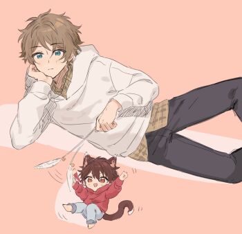 Rule 34 | 2boys, animal ears, arm support, barefoot, black pants, brown eyes, brown hair, cat boy, cat ears, cat tail, cat teaser, chinese commentary, closed mouth, collared shirt, commentary request, ensemble stars!, extra ears, fua1heyvot4ifsr, green eyes, grey hoodie, grey pants, hand on own face, highres, holding, holding cat teaser, hood, hood down, hoodie, kemonomimi mode, layered clothes, long sleeves, lying, male focus, mixed-language commentary, morisawa chiaki, multiple boys, on side, open mouth, pants, partial commentary, pink background, red hoodie, shirt, short hair, simple background, smile, tail, takamine midori, triangle mouth