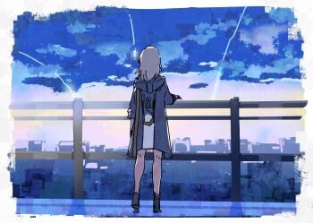 1girl arm_at_side bare_legs black_boots blue_jacket boots border chiriejjiyo cloud cloudy_sky evening facing_ahead from_behind full_body grey_hair hand_on_railing highres honkai:_star_rail honkai_(series) hood hood_down hooded_jacket jacket legs_apart long_hair night night_sky on_railing outdoors railing shooting_star sky solo stelle_(honkai:_star_rail) trailblazer_(honkai:_star_rail) white_border