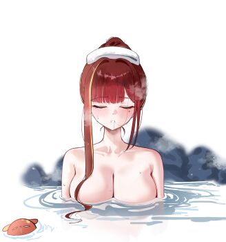 1girl absurdres akane_lize armpit_crease bathing breasts cleavage closed_eyes commentary creature dated_commentary hair_bun hair_intakes highres large_breasts long_sidelocks mole mole_under_eye multicolored_hair nude onsen parted_bangs parted_lips partially_submerged pienna_(akane_lize) red_hair ripples sidelocks simple_background single_hair_bun solo steam stellive straight-on streaked_hair towel towel_on_head variant_set virtual_youtuber water white_background white_mouth yeomhwauranyum