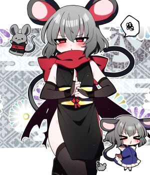 &gt;_&lt; absurdres alternate_costume animal_ears back_bow blue_dress blush bow dress embarrassed fishnets flower frills gesture grey_hair highres japanese_clothes kuji-in long_sleeves mouse_(animal) mouse_ears mouse_tail multiple_persona nazrin red_eyes red_scarf scarf short_hair sleeveless sweatdrop tail touhou you_(noanoamoemoe)
