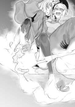 2girls animal_ears asufi_al_andromeda blunt_bangs breasts carrying dungeon_ni_deai_wo_motomeru_no_wa_machigatteiru_darou_ka fox_ears fox_girl glasses gloves greyscale highres holding holding_mallet magic mallet medium_breasts monochrome multiple_girls novel_illustration official_art open_mouth panties parted_lips princess_carry robe sanjouno_haruhime short_hair sweatdrop teardrop third-party_source underwear yasuda_suzuhito