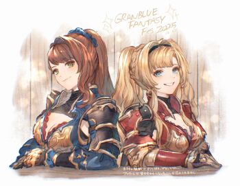 2girls beatrix_(granblue_fantasy) blonde_hair blue_eyes breasts brown_hair cleavage closed_mouth copyright_name granblue_fantasy green_eyes hibana_(hibana_ztlv) high_ponytail highres large_breasts long_hair multiple_girls parted_lips ponytail smile twintails upper_body zeta_(granblue_fantasy)
