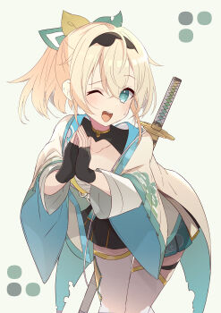 1girl absurdres blonde_hair blue_eyes chest_sarashi commentary_request fingerless_gloves gloves highres hololive japanese_clothes kazama_iroha kazama_iroha_(1st_costume) kimono looking_at_viewer medium_hair one_eye_closed own_hands_together ponytail sake-meron sarashi smile solo thighhighs virtual_youtuber white_kimono white_thighhighs