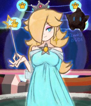 01kqwak18 1girl absurdres arm_behind_back blonde_hair blue_dress blue_eyes brooch closed_mouth comet_observatory crown dated dress earrings eyeliner hashtag-only_commentary highres holding holding_wand jewelry long_hair looking_at_viewer makeup mario_(series) nintendo off-shoulder_dress off_shoulder polari_(super_mario_galaxy) purple_eyeliner rosalina smile star_(symbol) star_brooch star_earrings super_mario_galaxy twitter_username wand