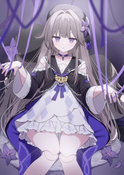 1girl absurdres beret black_hat blunt_bangs brown_hair chain choker clothing_cutout commentary doll_joints dress feet_out_of_frame flower frills hair_intakes hat herta_(honkai:_star_rail) herta_(puppet)_(honkai:_star_rail) highres honkai:_star_rail honkai_(series) joints key key_choker keyhole kohaku_sogo long_hair nail_polish purple_choker purple_eyes purple_nails ribbon shoulder_cutout sidelocks solo very_long_hair