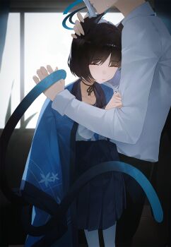 1boy 1girl animal_ears black_choker black_hair blue_archive blue_halo blue_haori blue_sailor_collar blue_skirt cat_ears cat_girl cat_tail chair choker closed_eyes commentary dress_shirt eyes_out_of_frame gradient_tail halo hand_on_another's_arm hand_on_another's_head haori head_out_of_frame height_difference highres indoors japanese_clothes kikyou_(blue_archive) multiple_tails on_chair paper_on_head pleated_skirt ribbon_choker sailor_collar school_uniform sensei_(blue_archive) serafuku shirt short_hair sitting sitting_on_lap sitting_on_person skirt sla2h_help sweatdrop tail tail_wrap two_tails white_serafuku white_shirt window