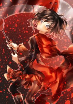 1girl black_dress black_hair black_pantyhose breasts cape dress female_focus frilled_dress frills gothic_lolita grey_eyes lolita_fashion long_sleeves pantyhose petals red_cape rose_petals ruby_rose rwby scythe short_hair solo