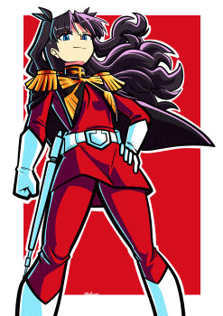 1girl black_hair blue_eyes char_aznable char_aznable_(cosplay) commentary cosplay english_commentary epaulettes fate/stay_night fate_(series) gloves gundam highres jacket long_hair long_sleeves looking_at_viewer military_uniform panipancakes pants red_jacket red_pants smile solo tohsaka_rin two_side_up white_gloves