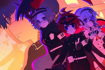 !!_(lingyou31355) 1girl 3boys absurdres antenna_hair aotsuki_eito armband belt belt_collar belt_pouch black_cape black_collar black_hair black_jacket black_kimono black_pants blue_eyes blue_hair braid buttons cape chin_piercing chinese_commentary closed_mouth collar commentary_request earrings empty_eyes eyelashes eyepatch eyes_visible_through_hair face_piercing flower flower_over_eye gakuran glasses gloves grey_hair hair_between_eyes hand_up high_collar highres hole_in_chest hole_on_body jacket japanese_clothes jewelry kimono kirifuji_nozomi last_defense_academy_school_uniform long_hair long_sleeves multicolored_hair multiple_boys omokage_yugamu pants piercing pleated_skirt pouch print_eyepatch purple_eyes purple_flower red_hair school_uniform scythe semi-rimless_eyewear short_hair side_braid single_braid skirt smile spoilers streaked_hair sumino_takumi tareme the_hundred_line_-last_defense_academy- tsurime two-tone_hair white_armband white_belt white_gloves white_skirt