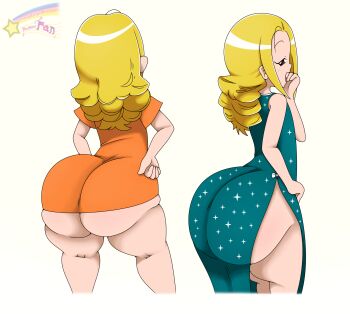 1girl ass blonde_hair brown_eyes dress female_focus flat_chest huge_ass loli long_hair looking_back ojamajo_doremi simple_background solo solo_focus tamaki_reika touhou touhoufan white_background