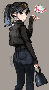 1boy artist_name bag black_bag black_jacket black_nails black_shirt blue_eyes border bremen_(ergot) brown_background crossdressing crossdressing_(mtf) down_jacket earrings ergot eyewear_on_head handbag holding holding_bag hoop_earrings jacket jewelry large_earrings long_hair long_sleeves looking_at_viewer looking_back male_focus multiple_rings nail_polish original pants pointy_ears ponytail ring shirt simple_background skinny_jeans sleeveless sleeveless_jacket smile solo spanish_text speech_bubble standing teeth trap undershirt white_border
