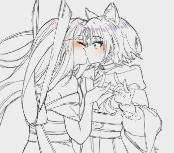 2girls absurdres animal_ears blush cho_kaguya-hime! choker closed_eyes commentary dumd english_commentary forehead_jewel fox_ears fox_shadow_puppet green_eyes green_nails greyscale highres japanese_clothes kaguya_(cho_kaguya-hime!) kimono kiss monochrome multiple_girls off_shoulder pink_nails rabbit_ears sakayori_iroha spot_color yuri