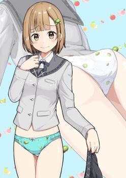 Rule 34 | 1girl, absurdres, aqua panties, ass, blue background, blunt ends, blush, bow, bow panties, breasts, brown eyes, brown hair, buttons, closed mouth, collared shirt, commentary request, commission, cowboy shot, crotch seam, dress shirt, embarrassed, food-themed hair ornament, food print, fruit background, fruit print, green polka dots, grey jacket, grey ribbon, grey sailor collar, grey skirt, hair ornament, hand up, highres, holding, holding unworn clothes, holding unworn skirt, jacket, kiwi hair ornament, kiwi panties, kiwi print, lace, lace-trimmed panties, lace trim, large variant set, long sleeves, looking at viewer, medium hair, multicolored panties, multiple views, neck ribbon, negimiso1989, no pants, original, panties, pixiv commission, pleated skirt, polka dot, polka dot panties, raised inner eyebrows, ribbon, sailor collar, school uniform, serafuku, shirt, skirt, small breasts, standing, two-tone panties, underwear, unworn skirt, variant set, white bow, white panties, white shirt, zoom layer
