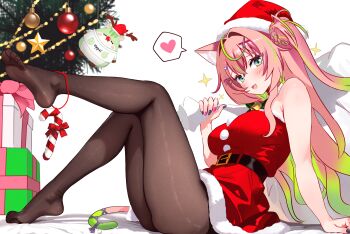 1girl absurdres animal_ear_fluff animal_ears bare_arms bare_shoulders bell black_pantyhose box cat_ears cat_girl cat_tail christmas christmas_ornaments christmas_tree chromashift commentary_request dress feet fur-trimmed_dress fur-trimmed_headwear fur_trim gift gift_box green_eyes hat highres kyoichi long_hair looking_at_viewer mia_melonya pantyhose pink_hair santa_costume santa_hat soles tail virtual_youtuber