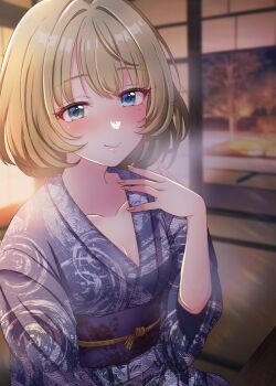 1girl blue_eyes blue_kimono blurry blurry_background breasts brown_hair cleavage closed_mouth collarbone dot_nose green_eyes hand_up heterochromia highres idolmaster idolmaster_cinderella_girls idolmaster_cinderella_girls_starlight_stage indoors japanese_clothes kimono lamp long_sleeves looking_at_viewer mariabowl medium_breasts mole mole_under_eye obi obijime pink_nails print_kimono print_sash rainbow_gradient sash short_hair shouji sliding_doors smile solo takagaki_kaede tatami tree upper_body wide_sleeves