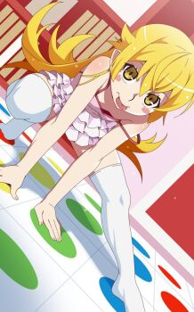 1girl bare_shoulders blonde_hair blush camisole closed_mouth collarbone cosplay female_focus flat_chest frilled_skirt frills gesugesu_ahoaho highres indoors kneehighs legs loli long_hair looking_at_viewer miniskirt monogatari_(series) no_bra oshino_shinobu pink_camisole sengoku_nadeko sengoku_nadeko_(cosplay) sexually_suggestive shoulder_blush skirt socks solo solo_focus strap_slip thighhighs thighs toned twister_(game) vampire very_long_hair white_skirt white_thighhighs yellow_eyes zettai_ryouiki