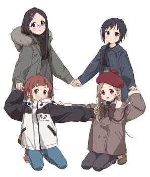4girls :d absurdres aoba_kokona beret black_hair black_pants blue_coat blue_eyes blue_pants blunt_bangs blush bow bowtie brown_bow brown_bowtie brown_hair closed_mouth coat commentary_request denim dot_nose fur-trimmed_coat fur_trim glasses grin hair_ornament hairclip hat highres holding_hands hood hooded_coat jacket kneeling kuraue_hinata long_hair long_sleeves looking_at_viewer multiple_girls open_mouth pants pantyhose purple_eyes red_eyes saitou_kaede_(yama_no_susume) senjuin_koharu shoes short_hair simple_background smile sneakers standing white_background winter_clothes yama_no_susume ykr_(youkiri)