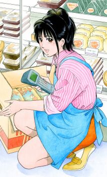 Rule 34 | 1girl, apron, bag of chips, barcode scanner, black hair, blue apron, box, brown eyes, cardboard box, chips (food), collared shirt, convenience store, employee uniform, food, full body, hanamaki maria, highres, holding, holding barcode scanner, indoors, konbini maria, looking at viewer, looking to the side, medium hair, miura mitsuru, open mouth, orange shorts, pink shirt, ponytail, potato chips, shirt, shoes, shop, shorts, sleeves rolled up, smile, socks, solo, squatting, store clerk, striped clothes, striped shirt, teeth, upper teeth only, vertical-striped clothes, vertical-striped shirt, white socks, yellow shoes