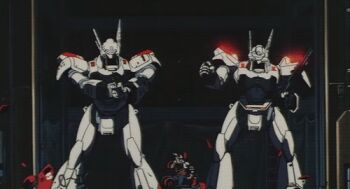 1980s_(style) animated animated_gif firing gun handgun kidou_keisatsu_patlabor lowres machine mecha metal retro_artstyle pistol retro_artstyle robot weapon