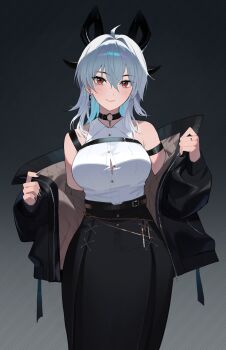 1girl absurdres alternate_costume black_background black_choker black_horns black_jacket black_nails black_skirt breasts button_gap chest_harness choker commentary_request curled_horns earrings gradient_background grey_eyes grey_hair harness highres horns jacket jewelry korean_commentary large_breasts medium_hair mole mole_under_eye nail_polish niji_(rudduf232) o-ring o-ring_choker red_pupils shirt skirt sleeveless sleeveless_shirt smile solo white_shirt wuthering_waves zani_(wuthering_waves)