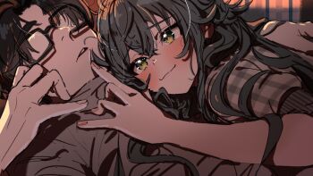 1boy 1girl black-framed_eyewear black_hair blush commentary_request fingernails gakuen_idolmaster glasses green_eyes green_hair grey_shirt hetero idolmaster kasasagi_(futagodori888) looking_at_another lying lying_on_person on_back producer_(idolmaster) shirt smile tsukimura_temari