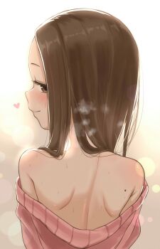1girl bare_shoulders blush brown_eyes brown_hair closed_mouth from_behind highres karakai_jouzu_no_takagi-san loli long_hair looking_at_viewer looking_back mole mole_on_shoulder naughty_face note2000 off-shoulder_sweater off_shoulder pink_sweater shoulder_blades smile solo steam sweater takagi-san third-party_edit white_background