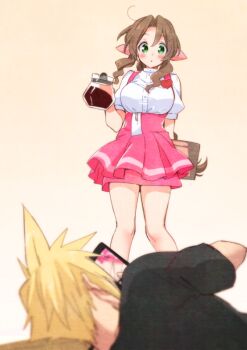 1boy 1girl aerith_gainsborough bare_legs black_shirt blonde_hair blouse blush braid brown_hair cellphone clipboard cloud_strife coffee coffee_pot final_fantasy final_fantasy_vii final_fantasy_vii_remake green_eyes heart krudears phone pink_skirt puffy_sleeves ribbon shirt skirt spiked_hair square_enix suspender_skirt suspenders t-shirt taking_picture waitress wavy_hair white_shirt