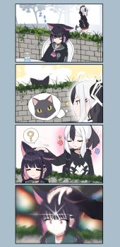 2girls 4koma ? aji_aji_nori animal_ears black_hair blue_archive cat_ears closed_eyes colored_inner_hair comic cup demon_horns disposable_cup extra_ears halo headpat highres horns imagining kayoko_(blue_archive) kazusa_(blue_archive) looking_at_another meme multicolored_hair multiple_girls outdoors pink_hair ponytail purple_hair school_uniform short_hair silent_comic sleeping space_cat_(meme) spoken_question_mark streaked_hair two-tone_hair white_hair wide-eyed zzz