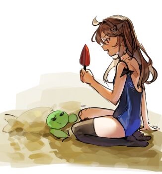 Rule 34 | 1girl, ame0, asymmetrical legwear, bat wings, black socks, black thighhighs, black wings, blue one-piece swimsuit, broken heart, broken heart hair ornament, brown hair, commentary, evil neuro-sama, from side, full body, hashtag-only commentary, heart, highres, holding, holding shovel, long hair, neuro-sama, one-piece swimsuit, open mouth, profile, red eyes, sand, seiza, shovel, single sock, single thighhigh, sitting, socks, solo, swimsuit, thighhighs, turtle, two side up, uneven legwear, vedal987, vedal ai, virtual youtuber, wings